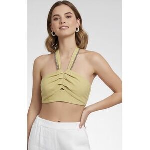 Sandro Paris Avedis Halter Crop Top Womens 2 Tilleul Green Embellished‎ Smocked
